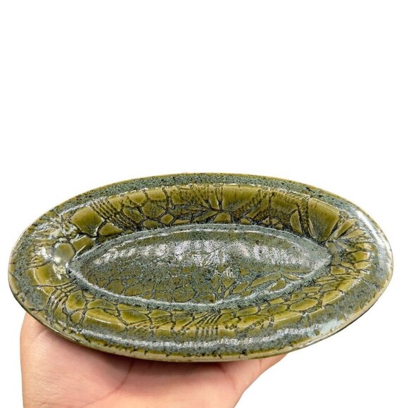 Vintage Studio Art Pottery Elongated Dish Tray Pottery Ceramic Signed Green - Picture 11 of 13